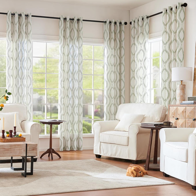 jinchan Boho Linen Curtains 63 Inch Green on Beige Grommet 2 Panels