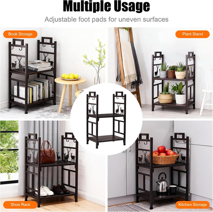 Outvita 2 Tier Firewood Log Rack, Iron Lumber Storage Holder, Wood Pile Stacker Organizer for Indoor Outdoor Fireplace Fire Stove Pit With 4 Fire Tools Hanging Hooks Christmas Elements Brown