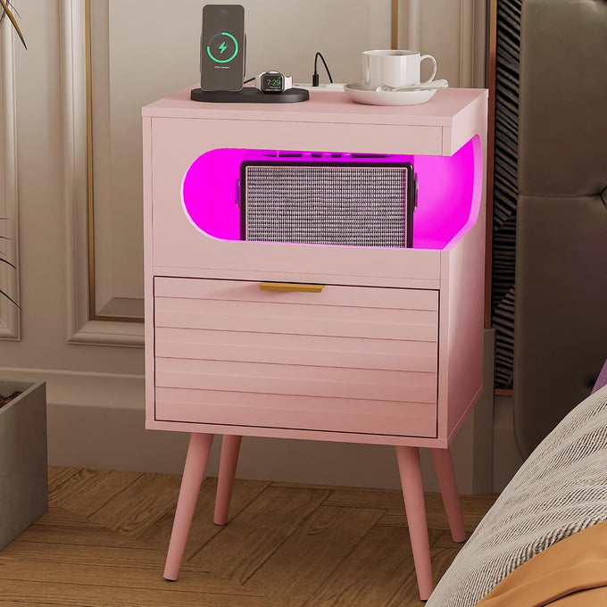 Veegle Nightstand,Modern Bedside Table with Storage Drawer and Open Wood Shelf, Accent Night Stand with Solid Wood Legs for Living Room, Bedroom and Small Spaces,Easy Assembly (Pink-1)