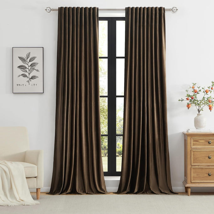 PRIMROSE Brown Velvet Curtains 108 inch Long for Living Room,Set of 2 Panels Blackout Rod Pocket Back Tab Window Treatment Room Darkening Heavy Decorative Curtains Drapes for Bedroom