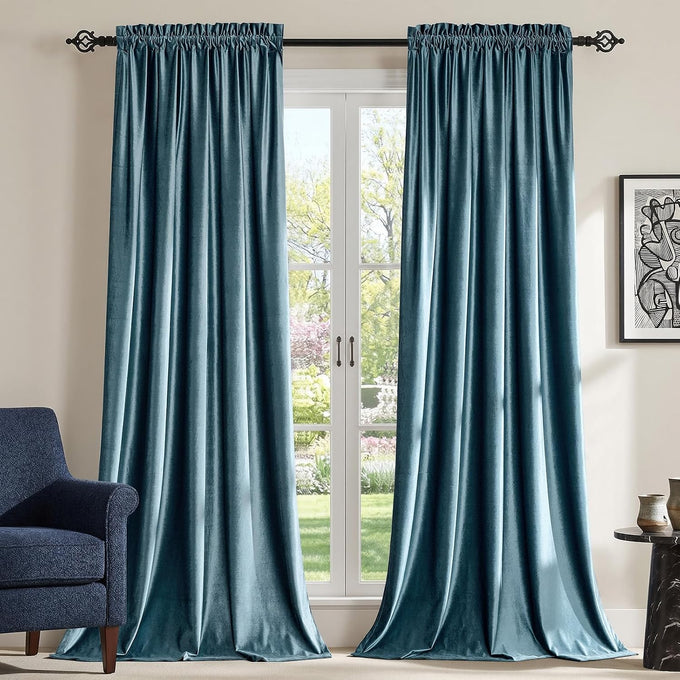 Stone Blue Velvet Curtains 120 inches for Living Room Luxury Room Darkening Grayish Blue Curtain Elegant Bedroom Thermal Insulated Modern Heavy Soft Soundproof Rod Pocket Window Drapes Set of 2 Panel