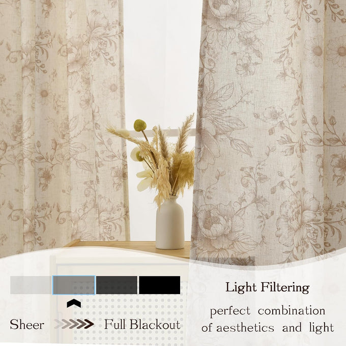 XWZO Floral Curtains for Living Room Linen Farmhouse Curtains 96 Inch Length Taupe Floral Patterned Curtain Peony Flower Printed Back Tab Curtain Bedroom Window Drapes 2 Panels
