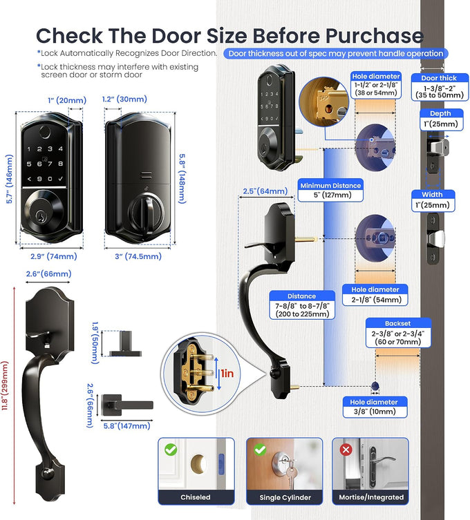 Veise VE017-H 8-in-1 Fingerprint Smart Front Door Lock Set, Matte Black