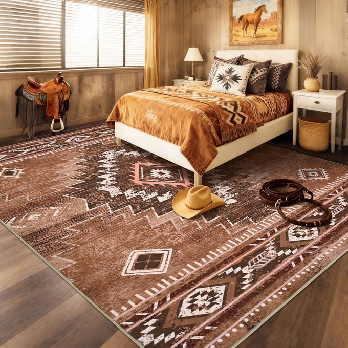 Yinhua Living Room Rug 6x9, Western Washable Rug for Bedroom, Brown