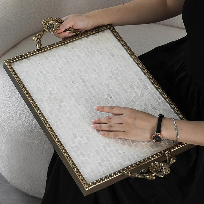Handcrafted Large Rectangular capiz Shell Inlay Decorative Tray, 20" x 12", Retro Luxurious Metal Frame with Handle Breakfast Tray, Coffee Table, Makeup Table Storage Service Tray (Rectangular)