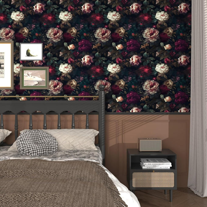 Fvlow Vintage Black Dark Red Floral Peel and Stick Wallpaper 17.4" x 788"