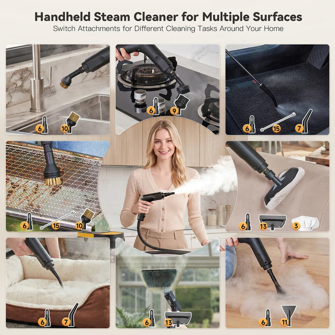 Gautye Steam Cleaner, 3 Level Adjustable Handle with 15 Accessories
