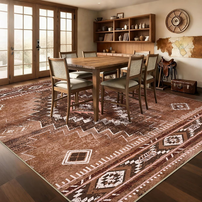 Yinhua Living Room Rug 6x9, Western Washable Rug for Bedroom, Brown