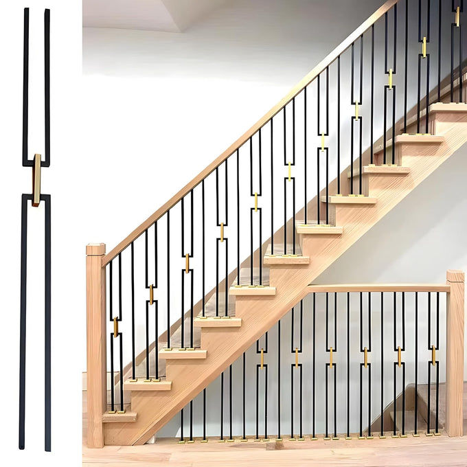Round 5/8" *44" Hollow Metal Staircase Balusters Matt Black, 10 Pcs/Pack (5Pcs Plain with Single Brass Ball + 5Pcs Plain Double Brass Ball), Wrought Iron Balusters for Interior Stair Railing.