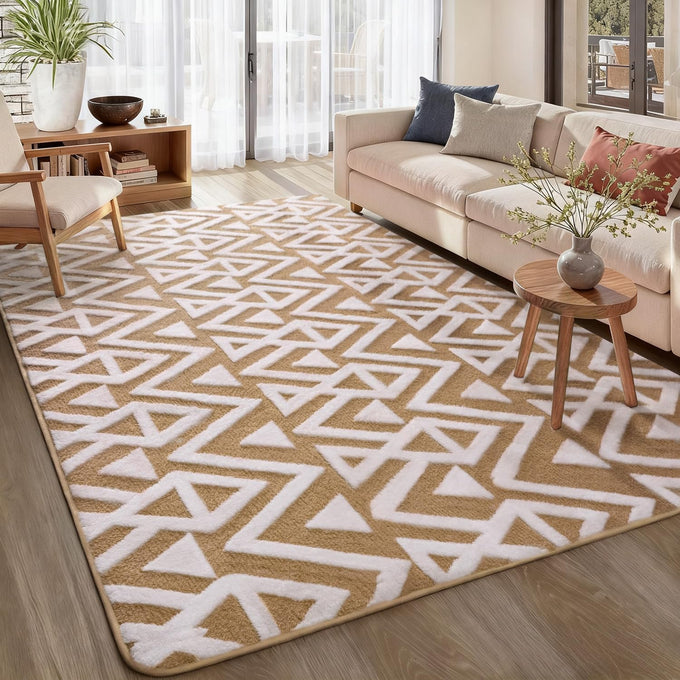 Ompaa Ultra Soft Shaggy Rugs Memory Foam Bedroom Carpet, Beige 7 x 10 Feet Large, Plush Geometric Textured Area Rugs for Living Room Couch Dorm Bedside Kids Girls Teens Room Nursery Decor Floor Mat
