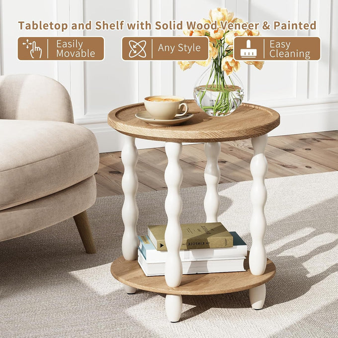 karlott Round Side Table, 2-Tier Farmhouse End Tables Living Room, Beige