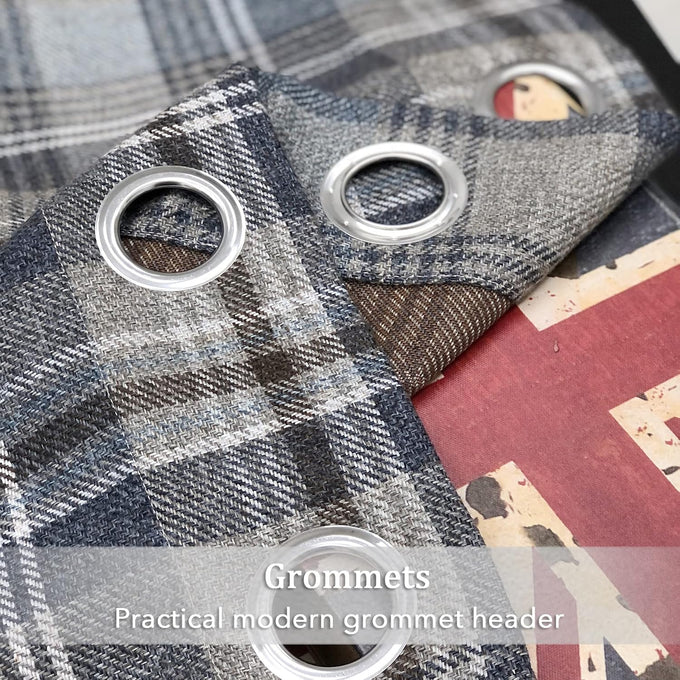 always4u Plaid Gingham Curtains for Living Room Bedroom Room Darkening Check Country Curtains 2 Panels Striped Grommet Window Treatments 54X84 Inch Blue and Brown