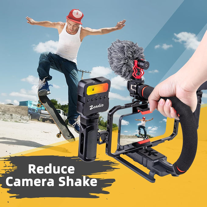 Zeadio Professional Video Rig Stabilizer Kit, Handheld Stabilizer with Aluminum Phone Cage, Action Camera Adapter, Compatible with Phones DSLR Camera for Vlogging YouTube TikTok Filmmaking etc