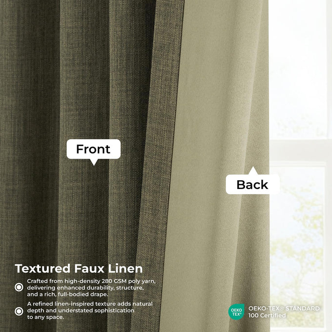 Faux Linen Extra Wide Curtains (1 Panel) - 100W X 108L, Khaki Green