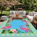 Luxury Flamingo Tropical Leaf Flower Patter 4x6 Outdoor Rug Blue Pink Gold Waterproof Soft Pile Carpet for Patio Porch Deck Balcony Chic Double Layer Border Garden Backyard Durable Mat
