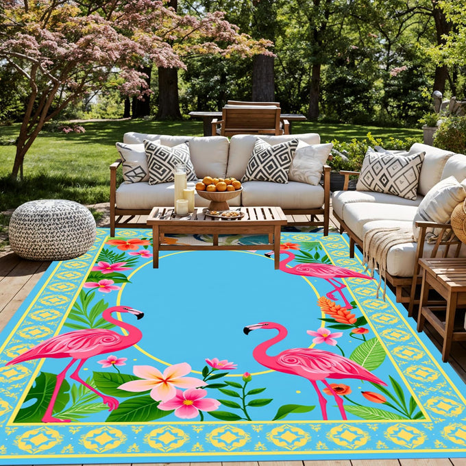 Luxury Flamingo Tropical Leaf Flower Patter 4x6 Outdoor Rug Blue Pink Gold Waterproof Soft Pile Carpet for Patio Porch Deck Balcony Chic Double Layer Border Garden Backyard Durable Mat