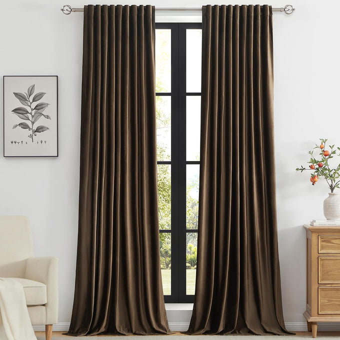 PRIMROSE Brown Velvet Curtains 108 inch Long for Living Room,Set of 2 Panels Blackout Rod Pocket Back Tab Window Treatment Room Darkening Heavy Decorative Curtains Drapes for Bedroom
