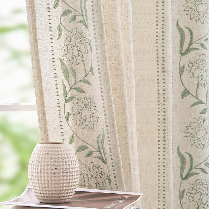 jinchan Sage Floral Linen Curtains for Living Room 84" Back Tab 2 Panels