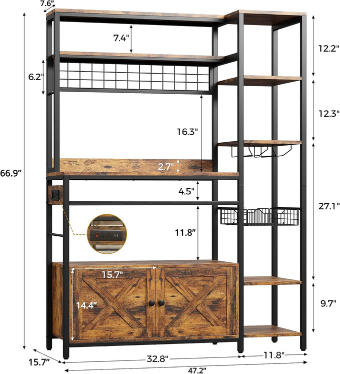 IRONCK Bakers Rack with Cabinet and LED Light, Coffee Bar Cabinet, Brown