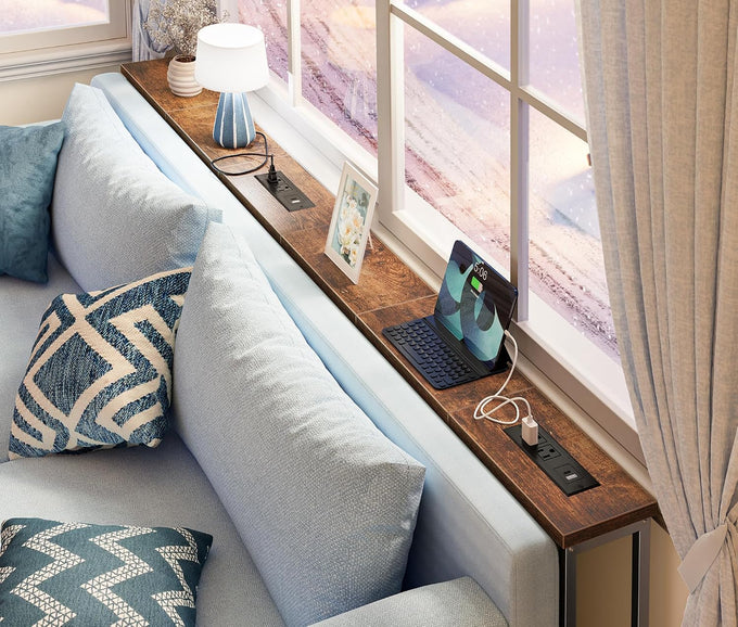 SUPERJARE 78.8 inch Narrow Behind Couch Table with 2 Charging Stations