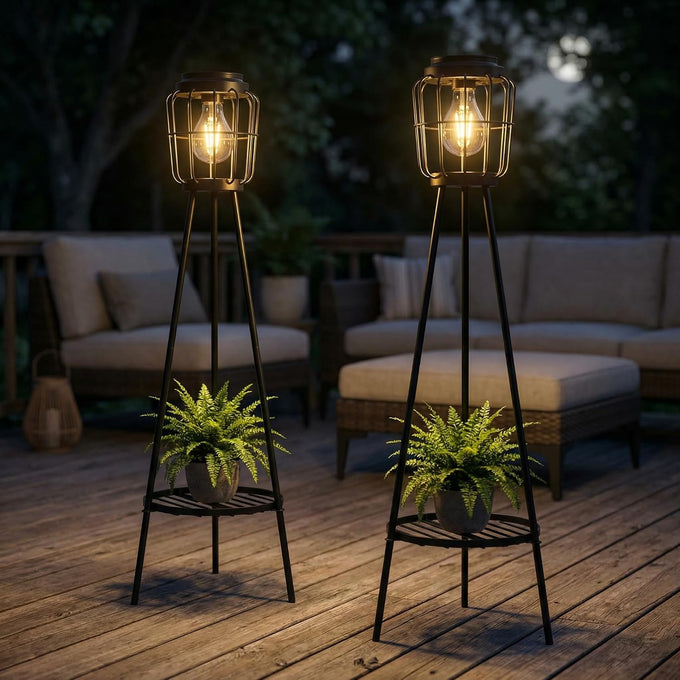 VISFLAIR 2 Pack Solar Lights with Plant Stand, Outdoor Floor Lamp, Waterproof Solar LED Edison Bulb Floor Lamps for Patio Porch Deck Yard Garden Decor