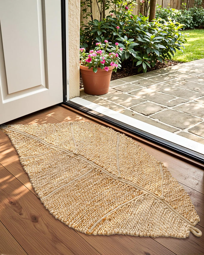 DEXI Jute Door Mat 24x36, Leaf Shaped Inside Entry Mat, Beige