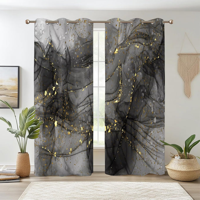 Grey Black Gold Ink Marble Blackout Window Curtains 2 Panels 84" L x 53" W