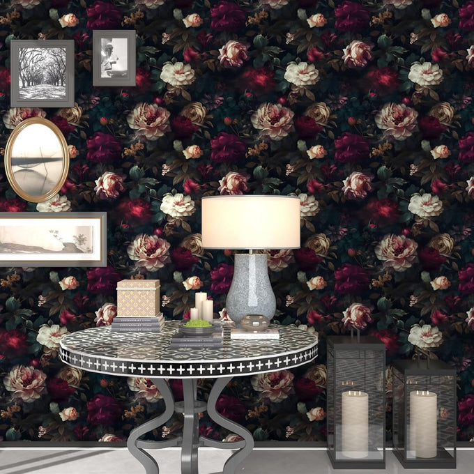 Fvlow Vintage Black Dark Red Floral Peel and Stick Wallpaper 17.4" x 788"
