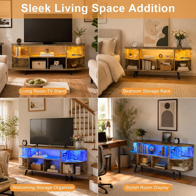 55" Amber Small TV Stand 7 Shelves with Outlet and Smart Light