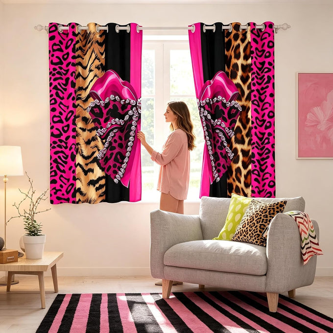 Feelyou FeelyouLeopard Print Bow Curtains Living Room 2 Panels 52 x 84 Inch