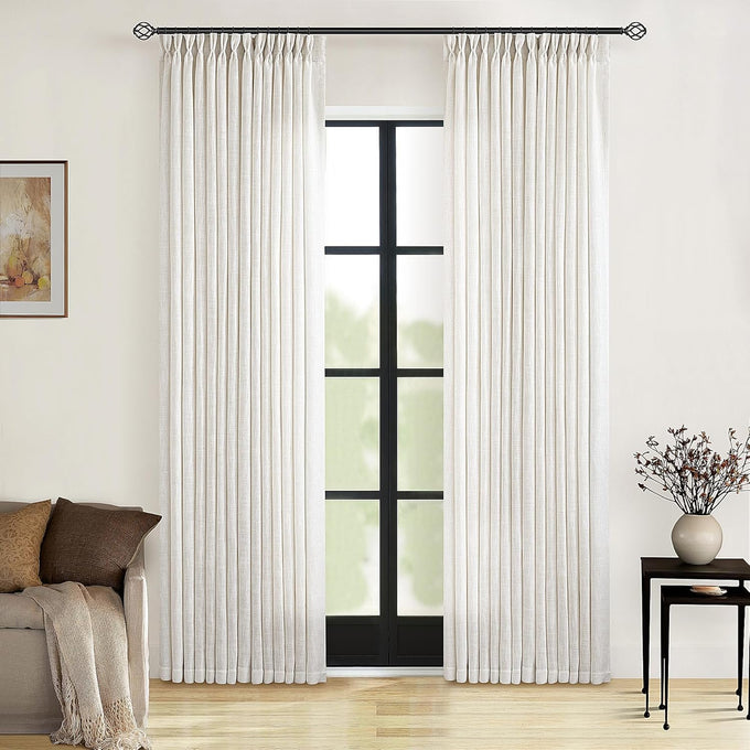 TWODRAPES 90 Inch Pinch Pleated Linen Textured Curtains 2 Panels, Natural