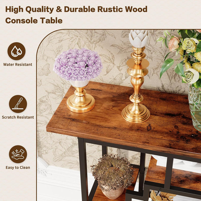 HavenlyYouth 41.3 Inch Entryway Table, Narrow Console Table Behind Couch, Accent Sofa Table with Storage Shelves for Hallway, Entrance, Foyer, Living Room, Rustic Brown