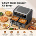 2 Baskets Air Fryer 9.5 QT, 10 in 1 Dual Air Fryers with Ceramic Crisper Plate, 80-450°F Wide Temp, Smart Cooking Mode with Match & Sync Cook, Shake Reminder, Roast, Defrost, Bake, Black