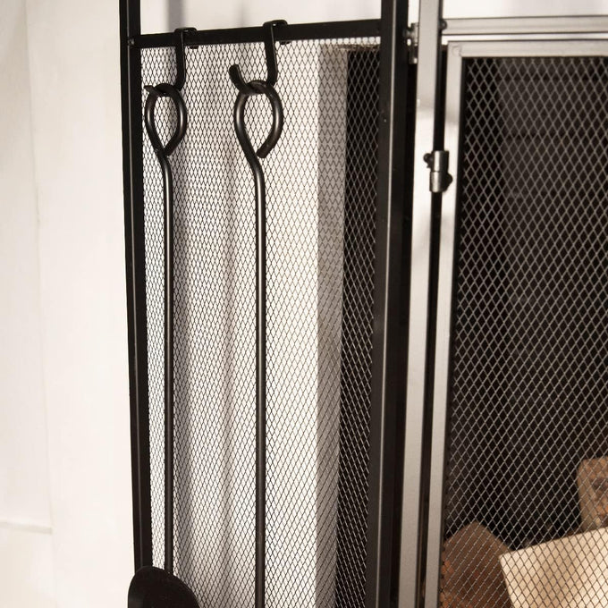 Barton 3-Panel Folding Fireplace Screen W/Magnetic Doors and 4-Pieces Fire Place Tools Set Home Steel Fire Spark Guard, Black