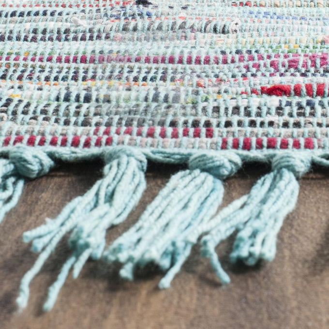 SAFAVIEH Rag Rug Collection Area Rug - 6' Square, Blue & Multi, Handmade Boho Stripe Cotton, Ideal for High Traffic Areas in Living Room, Bedroom (RAR121B)