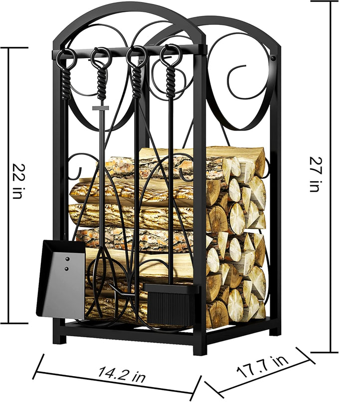 Kingson Firewood Rack Indoor Wood Holders Fireplace Tool Rack Outdoor Log Holder Rack Lumber Storage Stacking Fireplace Tools Set Wood Stove Accessories Black