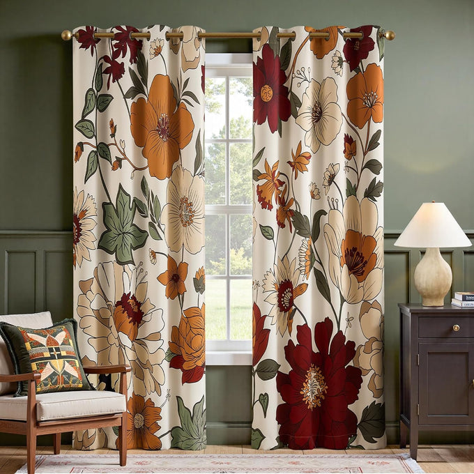 jinchan Beige Boho Floral Blackout Curtains 63 Inch Grommet 2 Panels