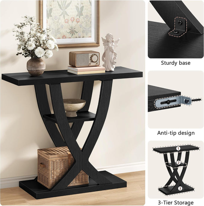FAVOOSTY 31.5" Entryway Table, 3 Tier Hallway Table, Console Tables, Black
