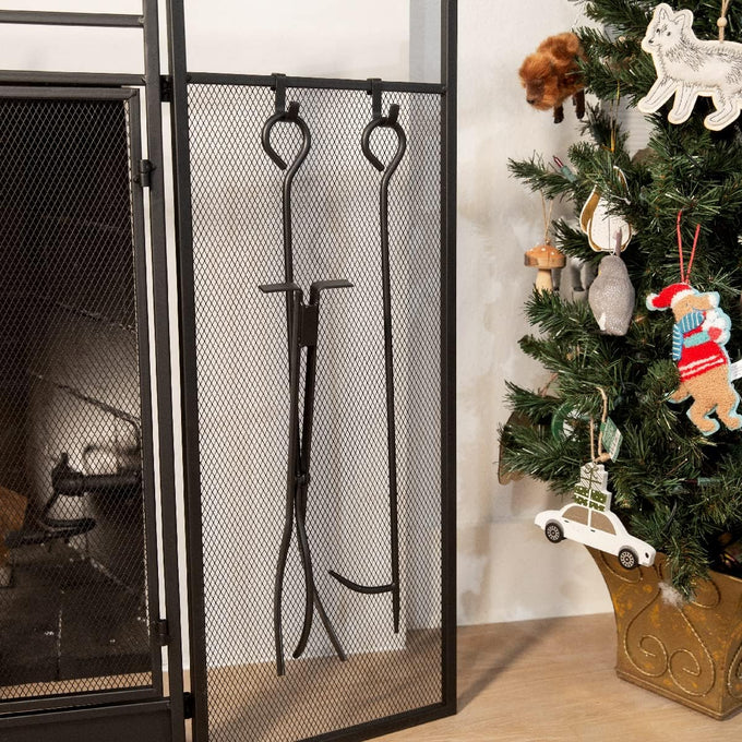 Barton 3-Panel Folding Fireplace Screen W/Magnetic Doors and 4-Pieces Fire Place Tools Set Home Steel Fire Spark Guard, Black