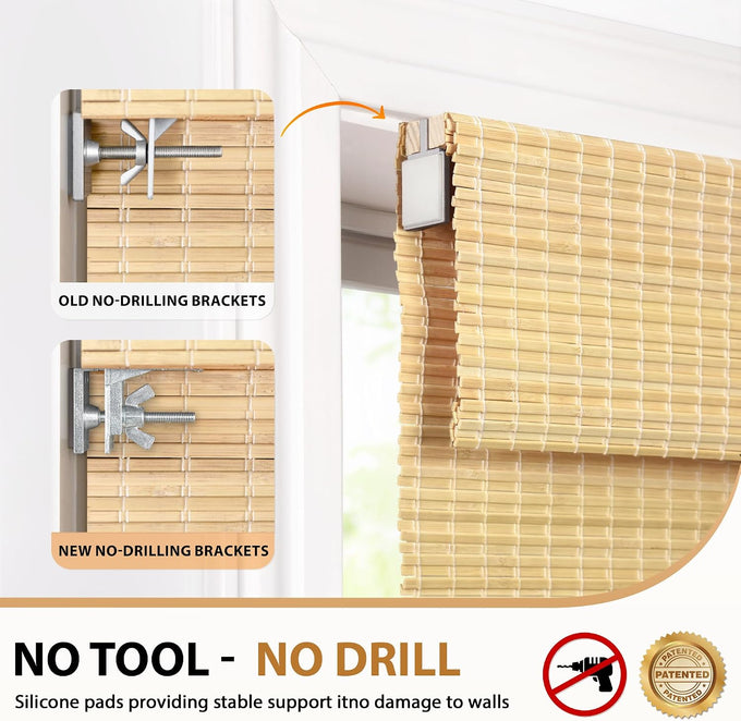LazBlinds No Drill Bamboo Roman Shades, 38x64, DP-Natural