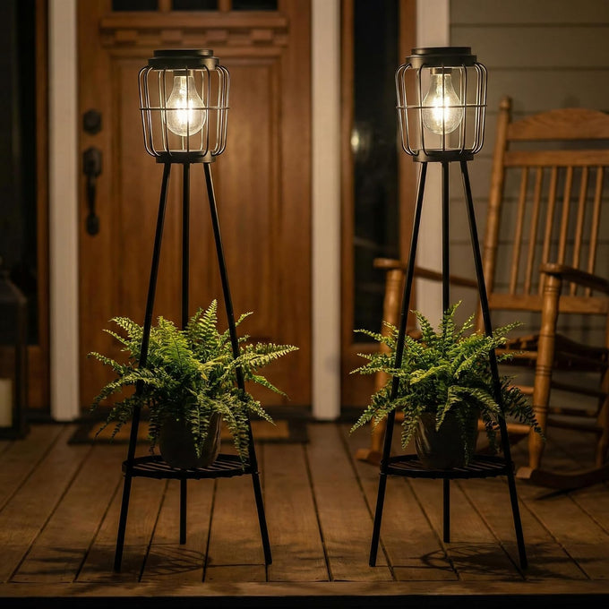 VISFLAIR 2 Pack Solar Lights with Plant Stand, Outdoor Floor Lamp, Waterproof Solar LED Edison Bulb Floor Lamps for Patio Porch Deck Yard Garden Decor