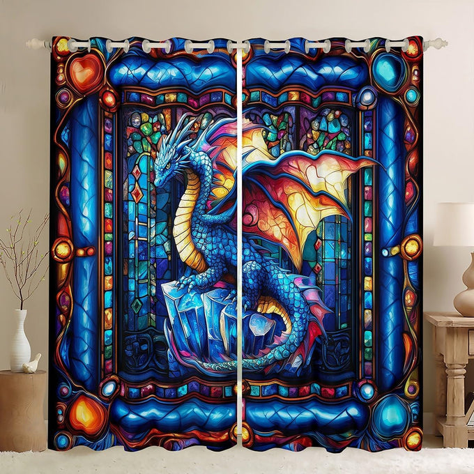 Western Dragon Kids Blackout Curtains,Glass Dragon Flying Wing Trippy Window Drapes for Boys Girls,Geometric Patchwork Abstract Blue Unique Window Treatments Grommet Top 2 Panel Set,52Wx96L inch