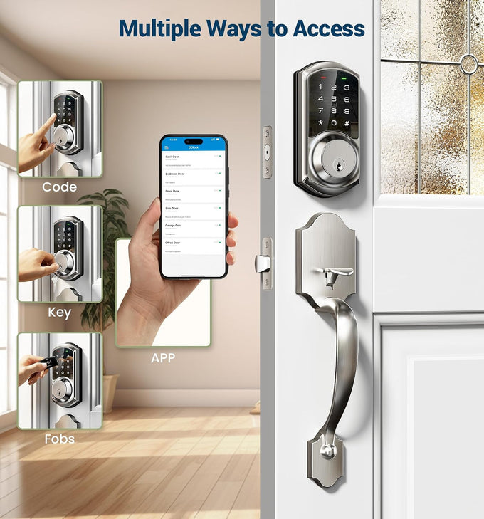 Veise VE06-H Smart Front Door Lock Handle Set, App Control, Satin Nickel