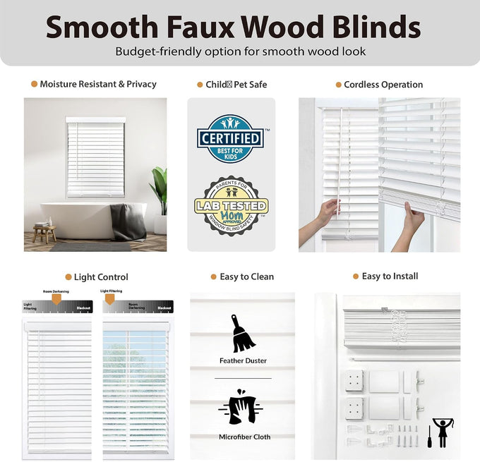 DEZ FURNISHINGS Cordless 2" Smooth Faux Wood Blind, 36" W x 60" H, Smooth White