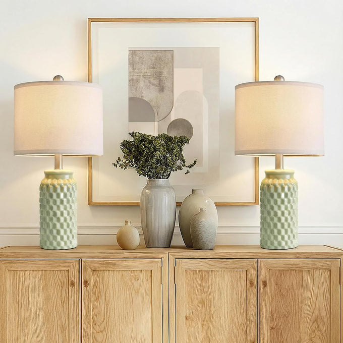 20.5" Small Bedside Lamps Set of 2, Green Ceramic Nightstand Lamp