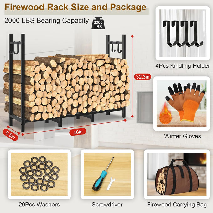 4FT Outdoor Firewood Rack, Wood Storage with 600D Waterproof Oxford Cover Heavy Duty 8 Legs Firewood Log Holder Indoor with Log Carrier, Gloves, and Kindling Hooks for Fireplace Patio Deck Wood Rack