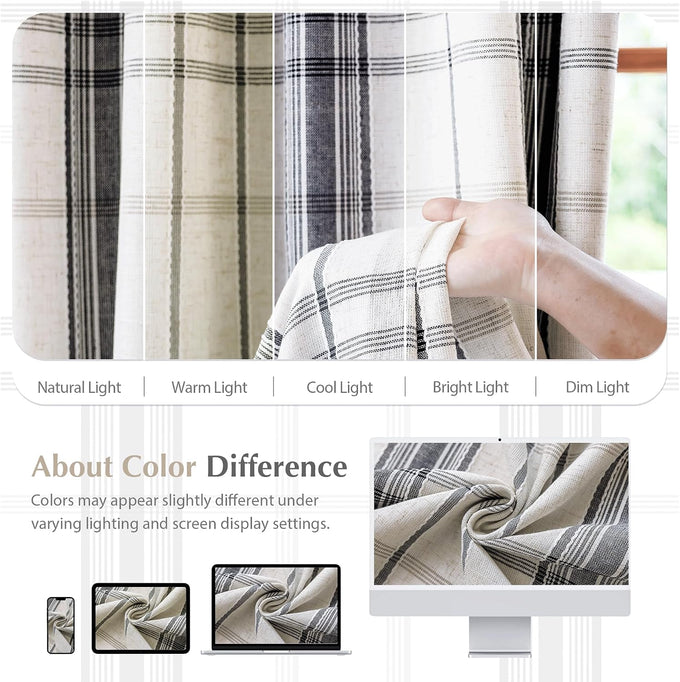DriftAway 100% Blackout Plaid Linen Chenille Curtains 90 Inches Black