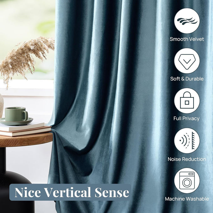 Stone Blue Velvet Curtains 120 inches for Living Room Luxury Room Darkening Grayish Blue Curtain Elegant Bedroom Thermal Insulated Modern Heavy Soft Soundproof Rod Pocket Window Drapes Set of 2 Panel