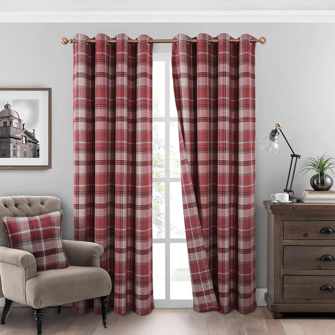 always4u Plaid Gingham Curtains for Living Room Bedroom Room Darkening Check Country Curtains 2 Panels Striped Grommet Window Treatments 54X84 Inch Blue and Brown