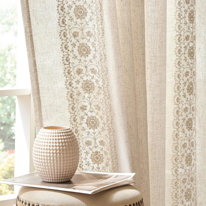 jinchan Floral Linen Curtains Embroidered Back Tab 54Wx84L 2 Panels